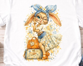 Kids Travel Bunny T-Shirt ,Watercolor Rabbit Vacation Tee , Matching Outfit, Easter Style Outfit