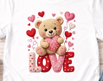 Romantic Unisex Teddy Love Bear T-Shirt. DTF Print With 3D Knit Effect