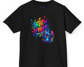 Ink Vibes Stitch Cartoon Alien Painting Kids Tee | Colorful Splash Art