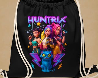 HUNTRIX Gamer Style Drawstring Bag •Pop-Star Backpack • 100%-Cotton Gym-Sack • Kawaii Cat Dance-Bag • Cyberpunk-Turnbeutel