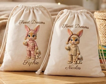 Personalized Pajama Bags with Name | Custom Sleepwear Sack Bunny | 100% Cotton Oeko-Tex Drawstring Bag
