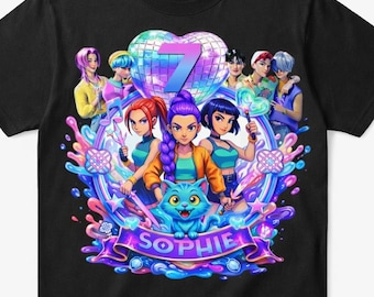 Maglietta personalizzata in stile anime Huntrix Squad con nomi ed età per i compleanni