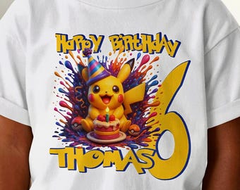 Personalisiertes Pokémon-Geburtstagsshirt für Kinder (Pikachu) mit Namen und Alter. Kostenlose Lieferung