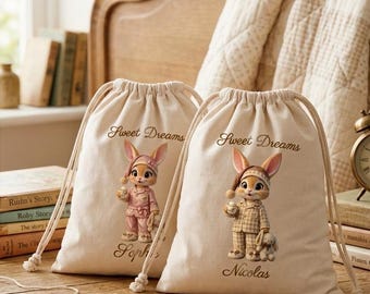 Personalized Pajama Bags with Name | Custom Sleepwear Sack Bunny | 100% Cotton Oeko-Tex Drawstring Bag