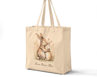 Mama and Baby Bunny Illustration Canvas Tote | Grocery Tote