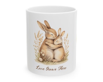 Hugging Bunny Illustration Ceramic Mug | Love Grows Here
