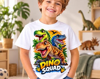Personalized Dino Squad Birthday Kids T-Shirt, Three Dinosaurs, Birthday Gift, Custom Name