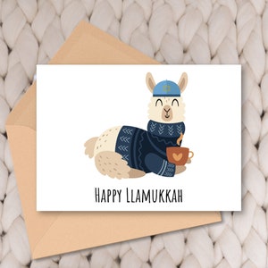 Carte de Hanoukka, carte de fête juive, carte de lama heureux, carte postale de lama