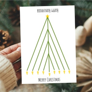 Biglietto di Chrismukkah, biglietto interreligioso che celebra Hanukkah e Natale, biglietto di auguri con albero di Natale Menorah, biglietto di auguri interreligioso per le feste