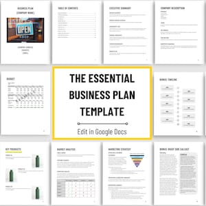 Pode incluir: Um modelo de plano de negócios amarelo e preto. O modelo inclui seções para a descrição da empresa, os serviços principais, o orçamento, as finanças, a estratégia de marketing e muito mais. O texto "The Essential Business Plan Template" é exibido em negrito, em letras pretas sobre um fundo amarelo.