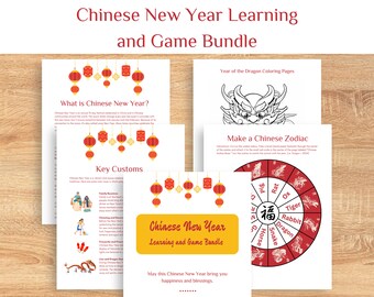 Paquete de aprendizaje y juegos sobre el Año Nuevo chino; Año Nuevo lunar; Zodíaco chino; Manualidad con farolillos de papel; Manualidad con sobres rojos; Páginas para colorear