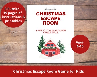 May include: A printable Christmas escape room game for kids ages 6-10. The game features a red and white Santa's workshop with a snowy roof and a challenge called "Santa's Toy Workshop Challenge".