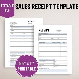 Sales Receipt Template; Editable Sales Receipt; Sales Receipt Printable; Editable PDF