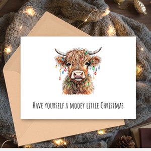 Carte de Noël bébé vache Highland, carte postale fantaisiste de vacances, carte de Noël numérique animal drôle de dernière minute