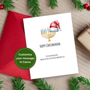CUSTOMISIERBARE Chrismukkah-Karte, interreligiöse Karte, die Chanukka und Weihnachten mit einer Menora und einer Weihnachtsmütze feiert