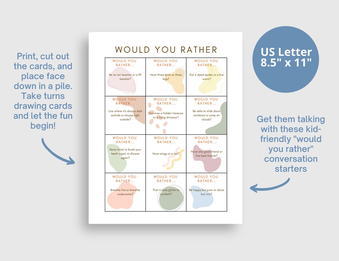 Would You Rather Conversation Starter Cards printable Etsy