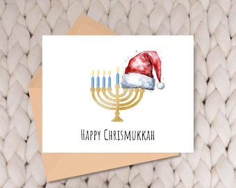 Chrismukkah card, Interfaith card celebrating Hanukkah and Christmas featuring a menorah and Santa hat
