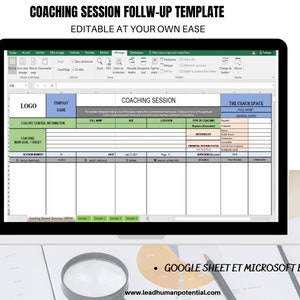 May include: A computer screen displaying a spreadsheet template for coaching session follow-up. The template includes sections for the coach's name, general notes, coaching general information, main goal/target, full name, age, location, type of coaching, business outcome, returned on, financial session status, session duration, and coaching general summary. The template is editable in Google Sheets and Microsoft Excel. The text "GOOGLE SHEET ET MICROSOFT EXCEL" is displayed at the bottom of the screen.