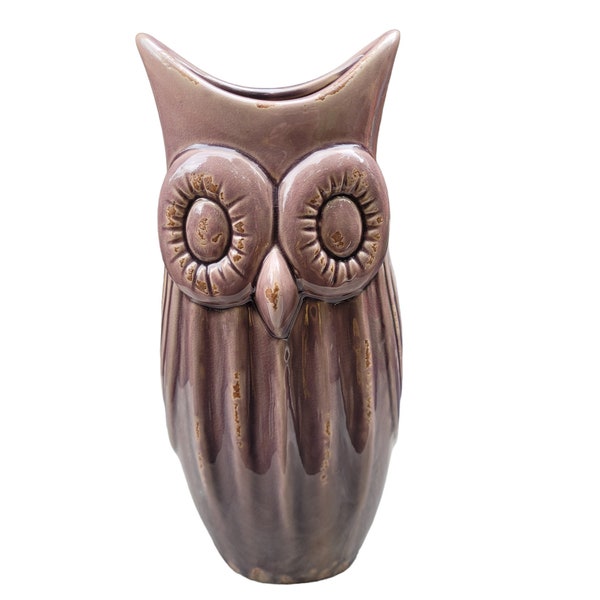 Tan Brown Purple 12" Ceramic Owl Vase