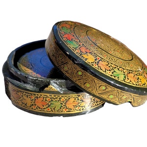 Kasmiri Art Paper Mache Round Box with Coasters