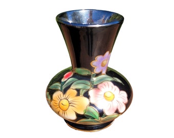 Vintage Japanese Hand Painted Floral Black Glaze Vase