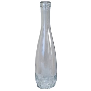 May include: A clear glass bottle with a narrow neck and a textured bottom.