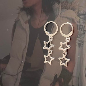 double star charm silver hoop earrings pair handmade !