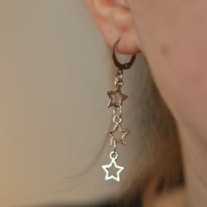 triple star charm silver hoop earrings pair handmade !