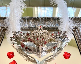 Swarovski Crystal Masquerade Mask: Silver, Red, and White Ostrich Feather Mask