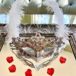 Swarovski Crystal Silver White Masquerade Mask Mardi Gras Mask, Ostrich Weathers, Original, Theater Mask, Red and White Swarovski