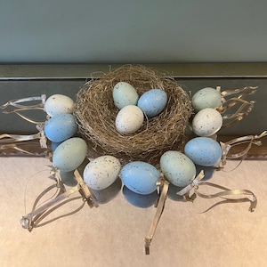 Eggs Ornaments and Golden Bird Nest with Three Matching Eggs, Easter Eggs Ornaments, Pastel Colors with a Touch of Gold, Set of 9