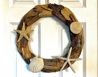 Coastal Beach Driftwood Wreath with Shells and Starfish (Metallic touch) , A little bit Sparkly, Beach house Decor