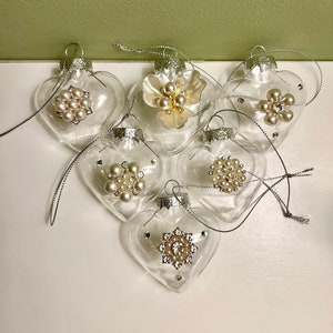 Glass Hearts with Swarovski Crystals and Pearls and Rhinestones, Hearts Ornaments, Shabby Chic Glass Heart Ornaments