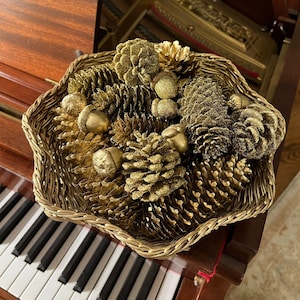 Gold Basket filled with Gold and Glitter Pin Cones and Acorns, Winter/Holiday Christmas Pine Cones and Gold Glitter Holiday Acorn, Decor