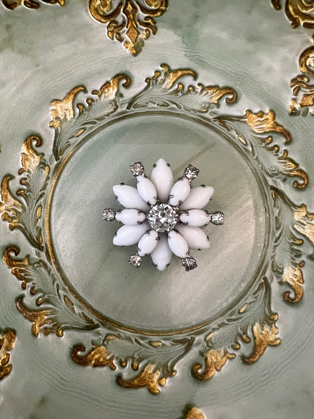 Vintage White Milk Glass Brooch With Rhinestones, Great for Wedding/bride, Mid Century, Silver