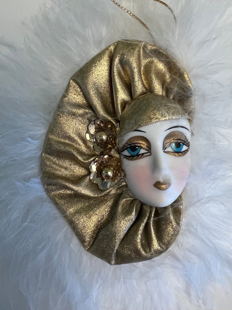 Vintage Art Deco Style Lady Ornament With Feathers, Porcelain, Unique and Rare, Mask
