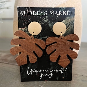 Monstera Leaf Wood Earrings, Boho Hippie Wooden Earrings, Plant Lover Gift, Botanical Jewelry, Trendy Gift For Her