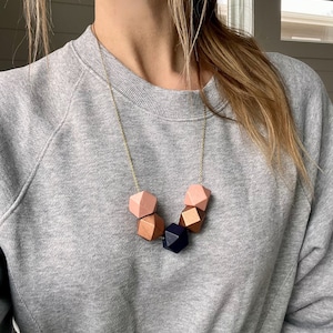 Wooden Statement Necklace, Colorful Necklace, Geometric Chunky Beaded Necklace, Pink Gold and Black Statement Necklace, Multicolor Necklace