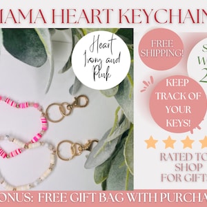 New Mom Gift, New Mom Keychain, Beaded Key Ring, Mama Heart Keychain, Heishi Disc Bead Bracelet, Colorful Keychain, Keychains for Women