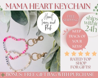 Mama Heart Keychain, Beaded Key Ring, New Mom Gift