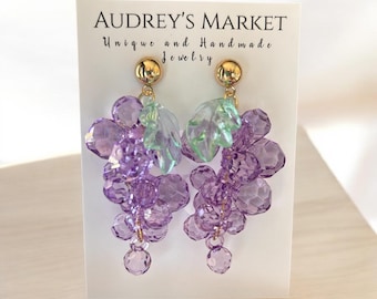Grape Dangle Earrings, Purple Beaded Fruit Jewelry