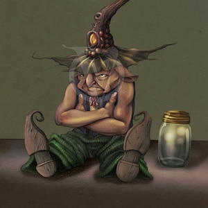 May include: A small, green-skinned creature with large ears and a grumpy expression sits with its legs crossed. It wears a hat with a large, round, white moon-like object on top. A small, clear jar with a glowing light inside sits next to the creature.