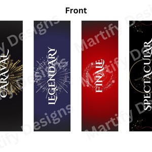 May include: Four vertical banners with different designs. The first banner is black with gold fireworks and the word "CARAVAL" in white. The second banner is blue with white fireworks and the word "LEGENDARY" in white. The third banner is red with white snowflakes and the word "FINALE" in white. The fourth banner is black with gold stars and the word "SPECTACULAR" in white.