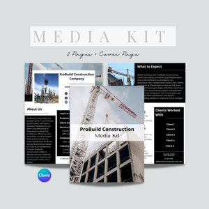 以下が含まれることがあります： 建設会社ProBuild Constructionのメディアキット。キットには、会社、サービス、顧客に関する情報が含まれています。表紙には、青い空を背景にクレーンが写っています。