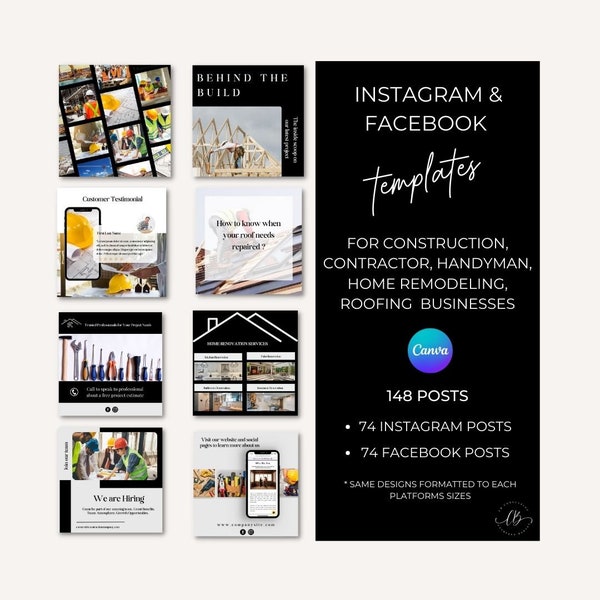 Construction Social Media Carousel Post Templates, General Contractor Instagram and Facebook Posts, Handyman & Roofing Marketing Social Post