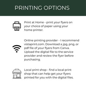 Op de afbeelding: Een afbeelding met drie opties voor het afdrukken van flyers: thuis afdrukken, een online drukkerij gebruiken zoals vistaprint.com of een lokale drukkerij gebruiken.