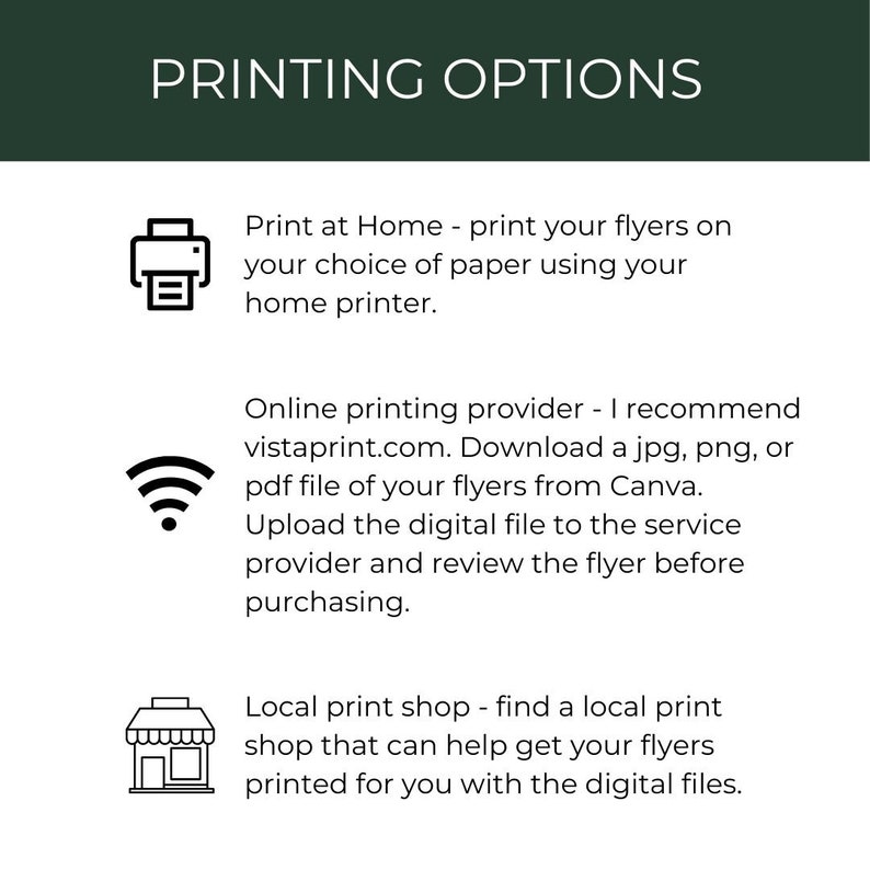 Op de afbeelding: Een afbeelding met drie opties voor het afdrukken van flyers: thuis afdrukken, een online drukkerij gebruiken zoals vistaprint.com of een lokale drukkerij gebruiken.