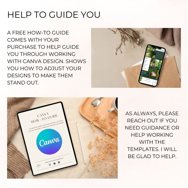 Op de afbeelding: Een digitale gids over het gebruik van de Canva-ontwerpsoftware. De gids wordt weergegeven op een tablet en een smartphone. De tekst in de gids luidt "Canva How-to Guide".