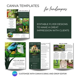 Op de afbeelding: Drie Canva-flyer-sjablonen voor hoveniersbedrijven. De flyers hebben groene en witte kleurschema's met afbeeldingen van hoveniersdiensten, waaronder gazononderhoud, snoeien van bomen en tuinieren. De tekst op de flyers bevat de bedrijfsnaam, de aangeboden diensten en contactgegevens. De flyers zijn aanpasbaar met de sleep-en-neerzet-editor van Canva.