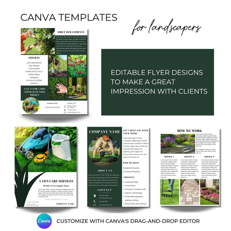Op de afbeelding: Drie Canva-flyer-sjablonen voor hoveniersbedrijven. De flyers hebben groene en witte kleurschema's met afbeeldingen van hoveniersdiensten, waaronder gazononderhoud, snoeien van bomen en tuinieren. De tekst op de flyers bevat de bedrijfsnaam, de aangeboden diensten en contactgegevens. De flyers zijn aanpasbaar met de sleep-en-neerzet-editor van Canva.